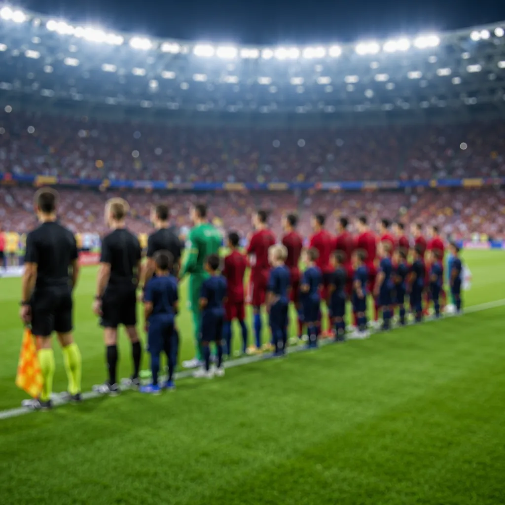 Blurred wide shot of a group of people lining up on the side of a green football