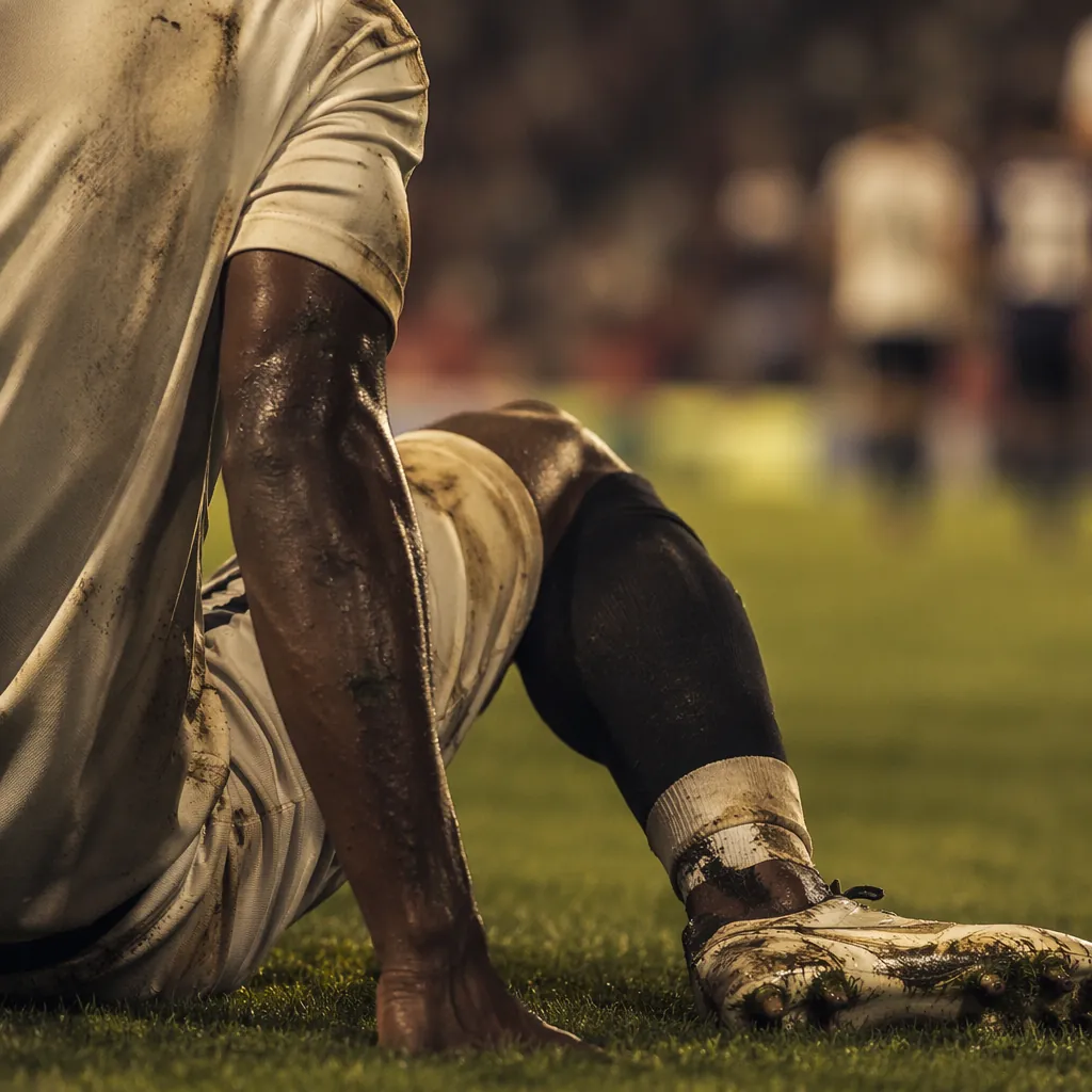 Close up shot of a football player's jersey and boots on the pitch, blurred matc