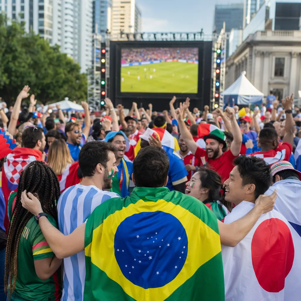 Wide shot of football fans from different countries cheering together in a city 
