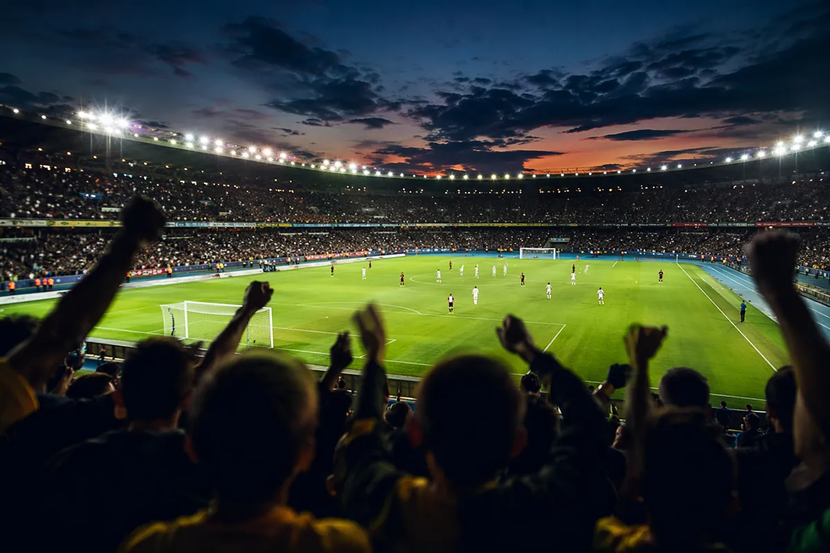 Wide shot of a professional football stadium at dusk, bright floodlights illuminating the