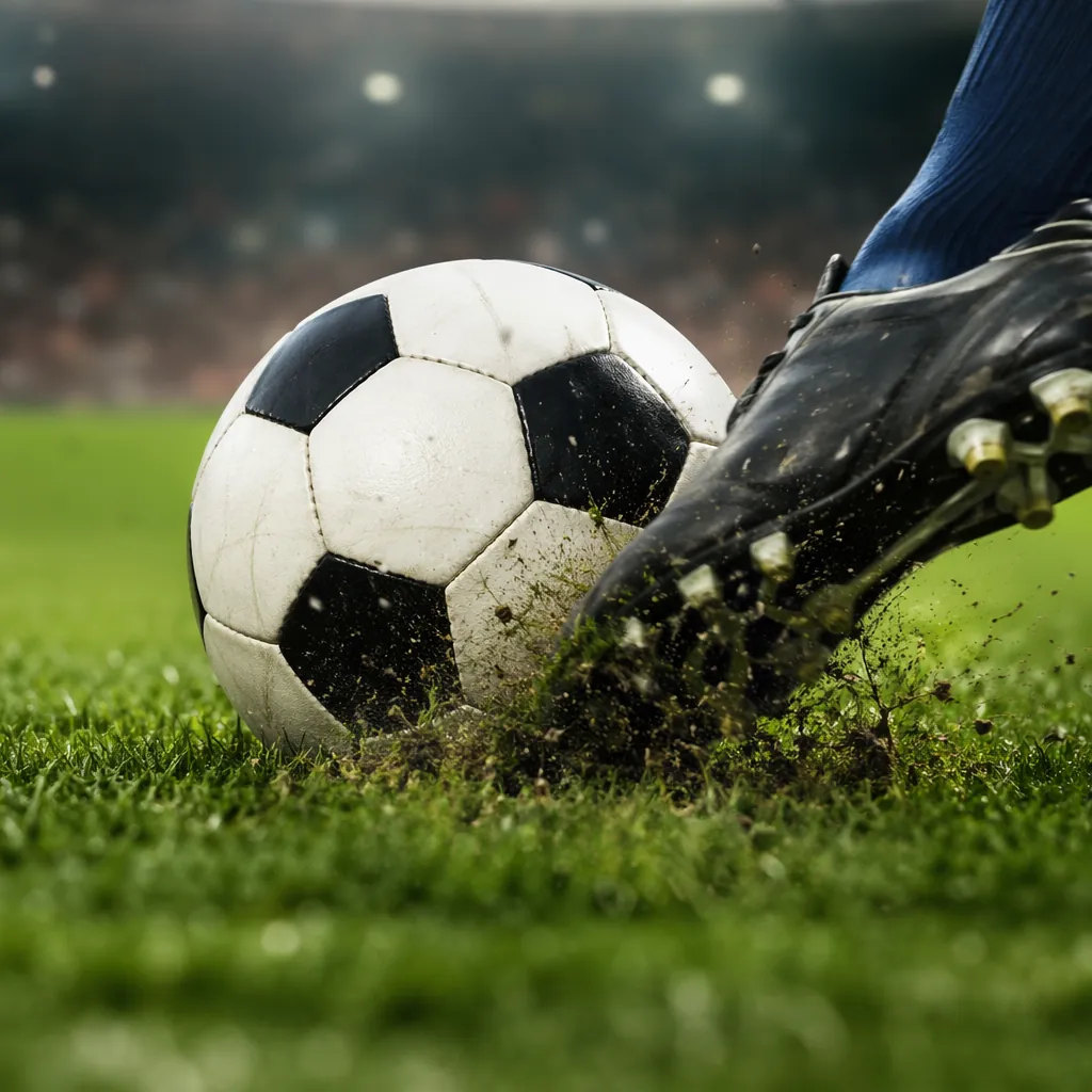 Close up of a soccer ball being kicked on green grass, blurred football pitch ba