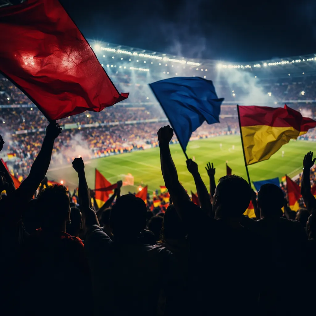 Silhouettes of football fans cheering in stadium stands, holding colorful flags,