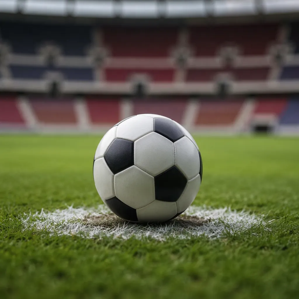 Close up of a football on the penalty spot of a professional soccer pitch, blurr