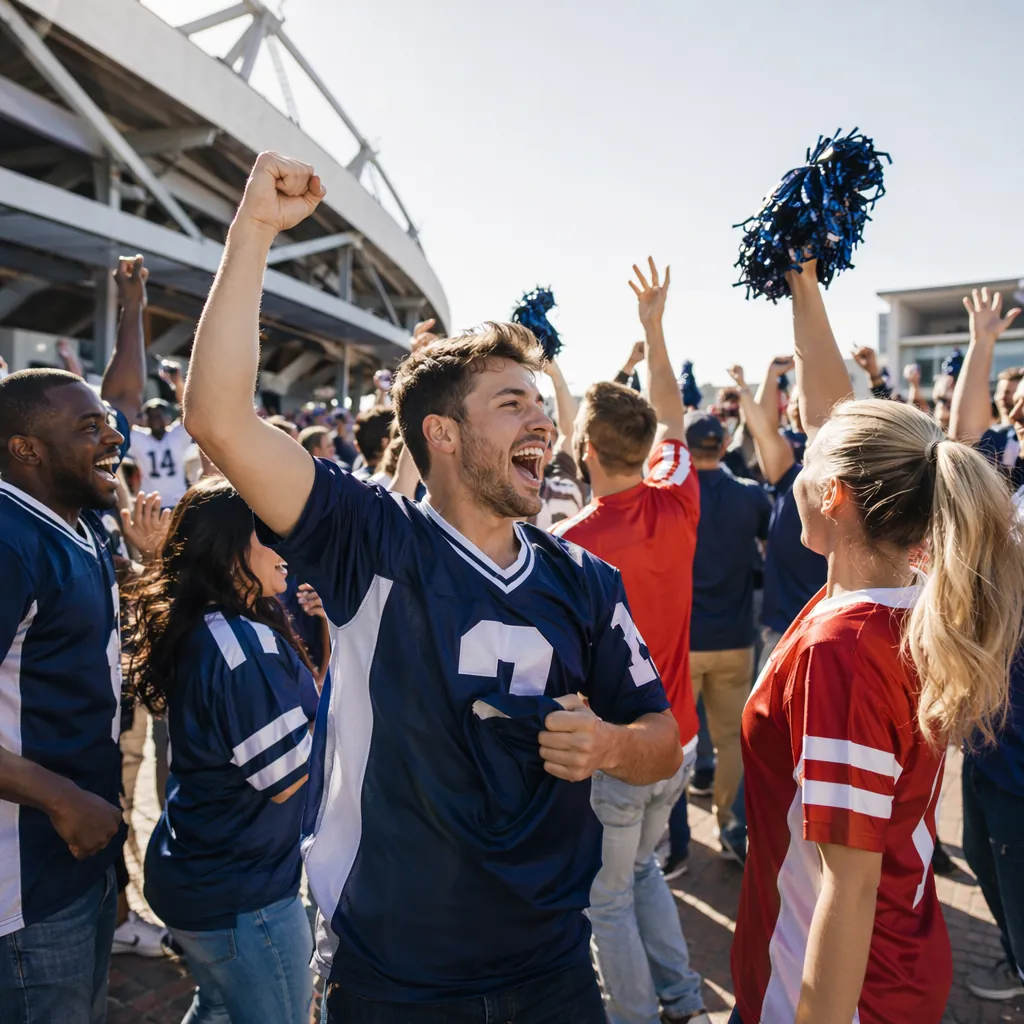 Wide shot of fans in generic football jerseys cheering in a stadium concourse, v