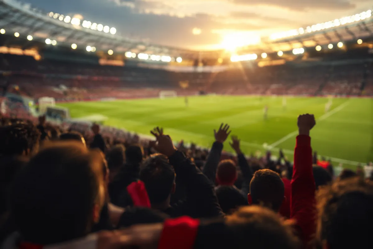 Editorial sports news header image, blurred soccer stadium interior with bright floodlight