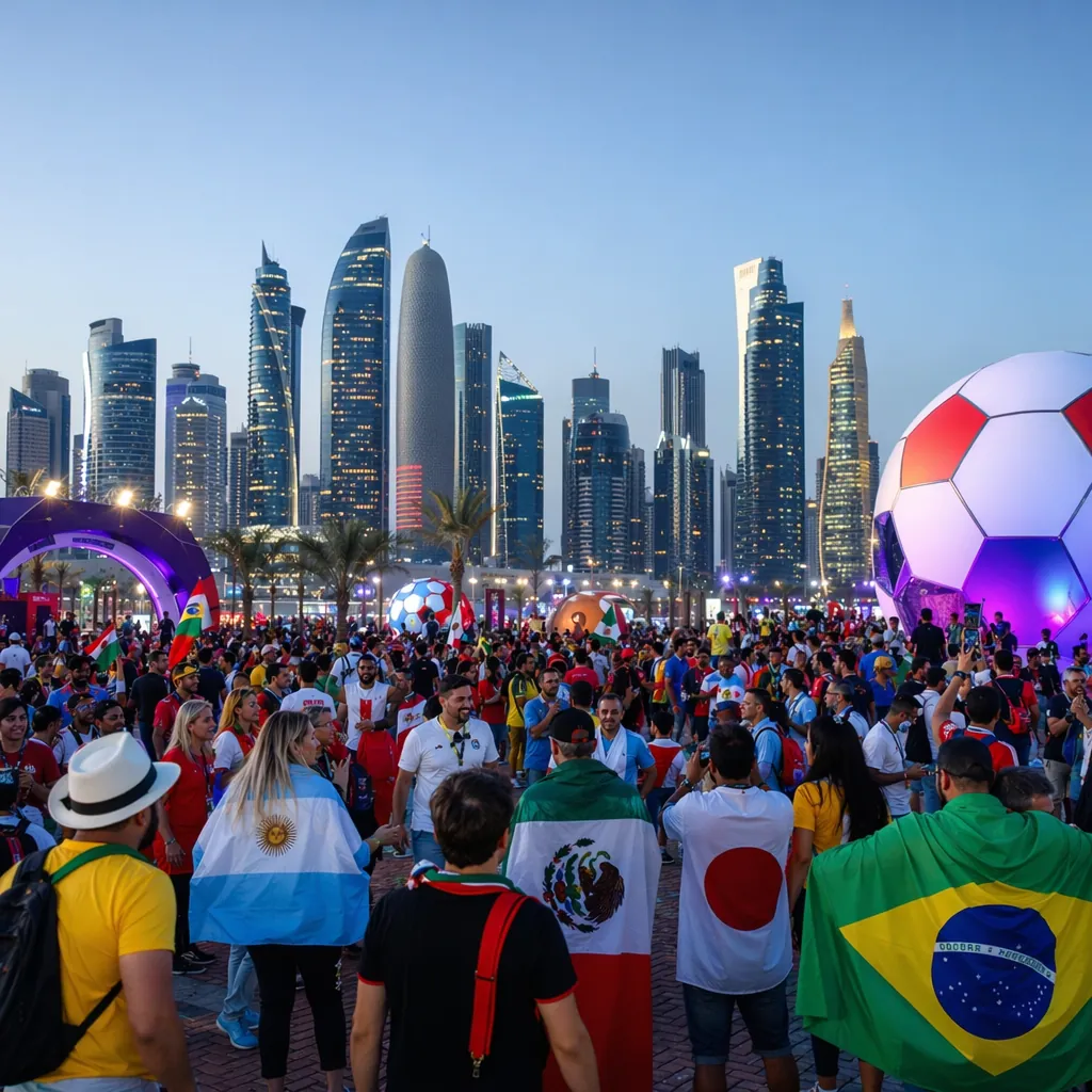 Wide shot of a modern World Cup host city downtown, colorful fan zones with foot