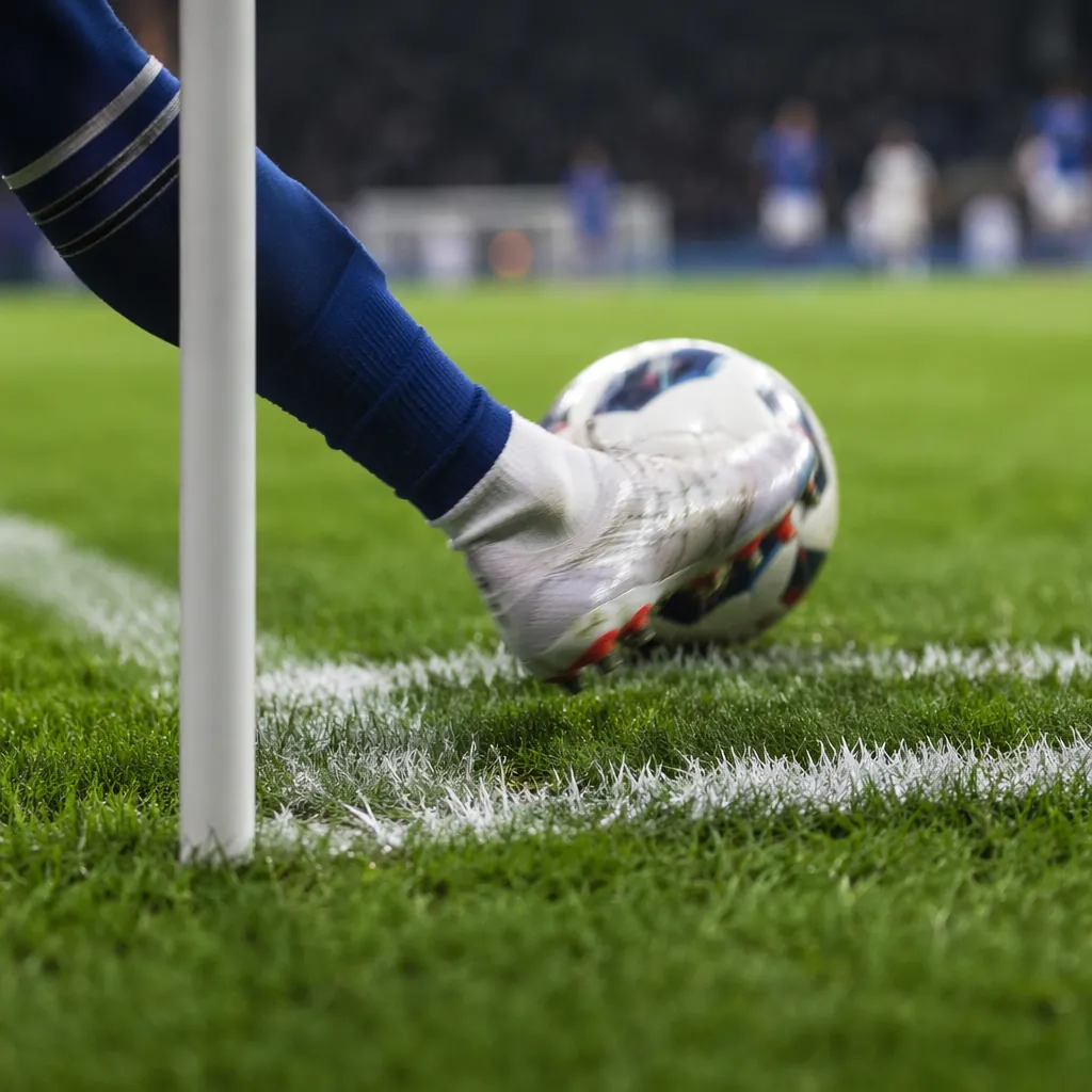 Close up shot of a soccer player's foot taking a corner kick, green grass on the