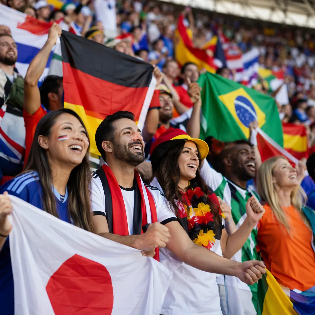 Group of diverse soccer fans waving national flags in stadium stands, colorful b