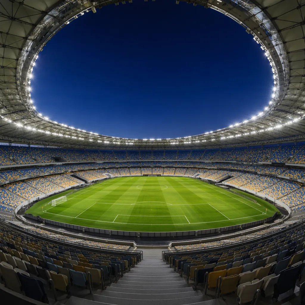 Wide shot of a modern world cup football stadium at night, bright stadium lights