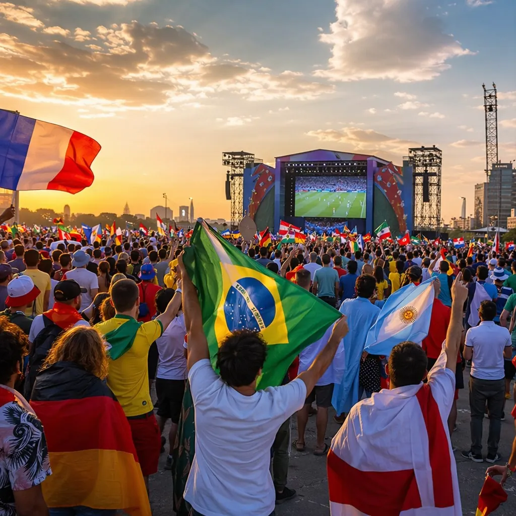 Wide shot of an outdoor World Cup fan zone with people waving national flags, no