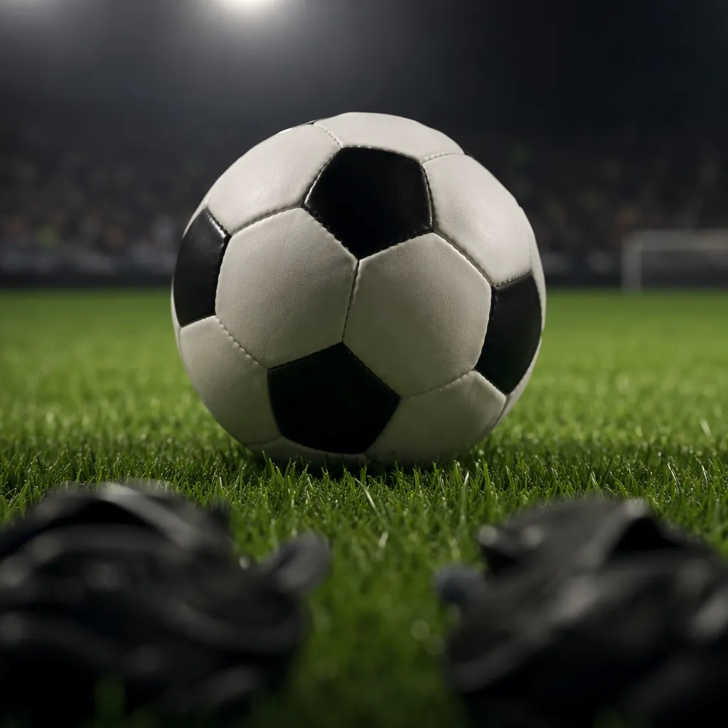 Close-up of a black and white football on green grass, with blurred football boo