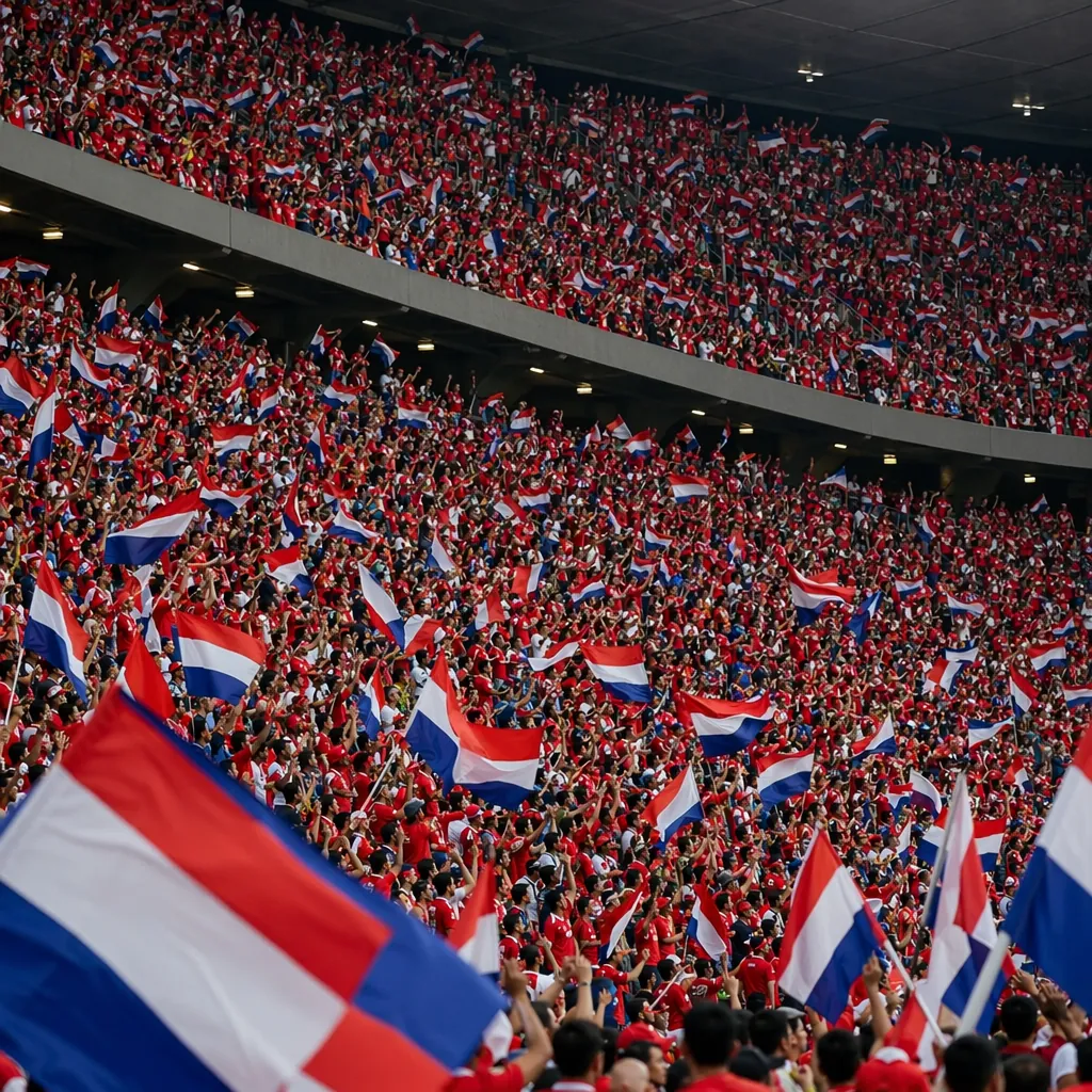 Wide shot of stadium stands filled with fans wearing red jerseys, waving generic