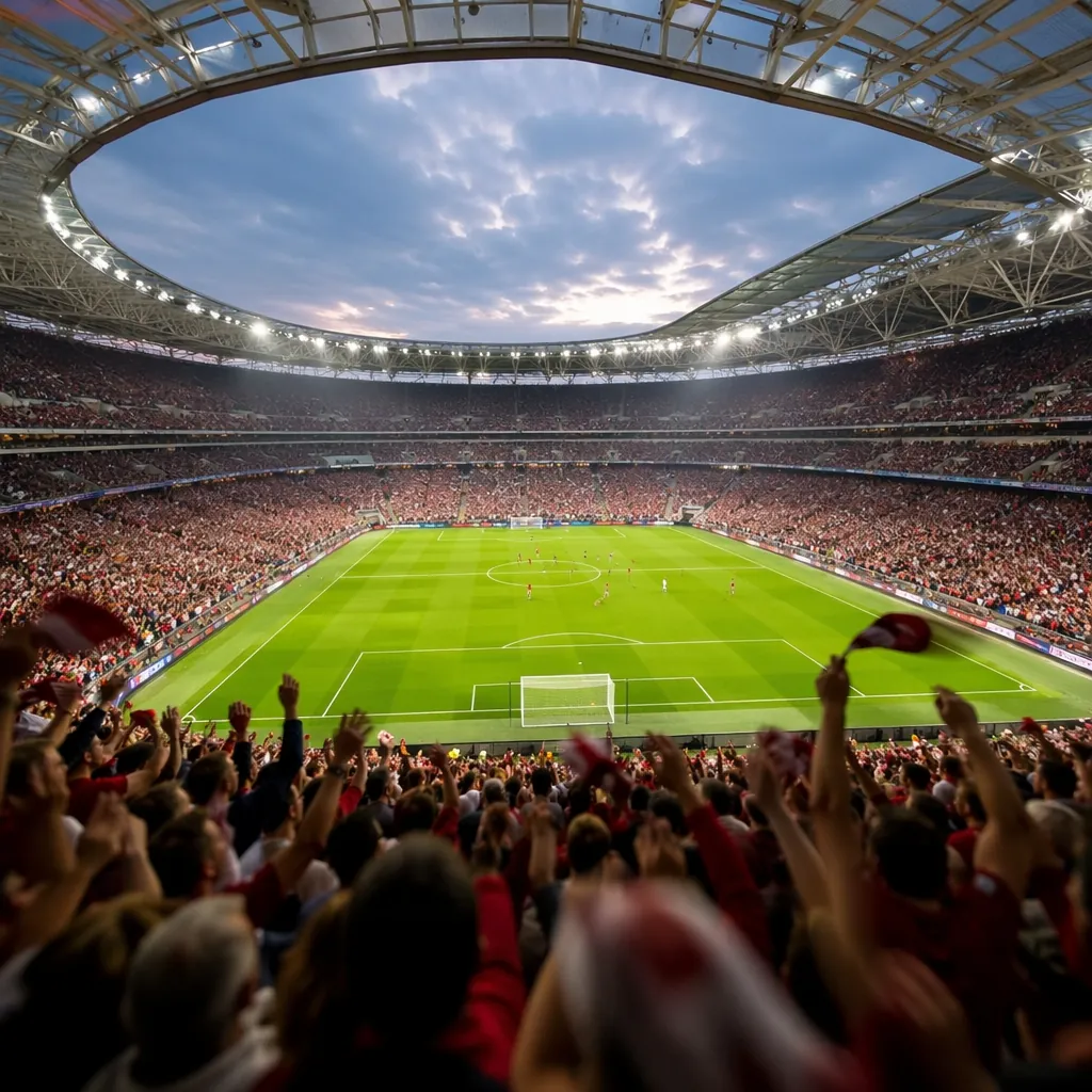 Wide shot of a modern football stadium interior, thousands of blurred cheering f