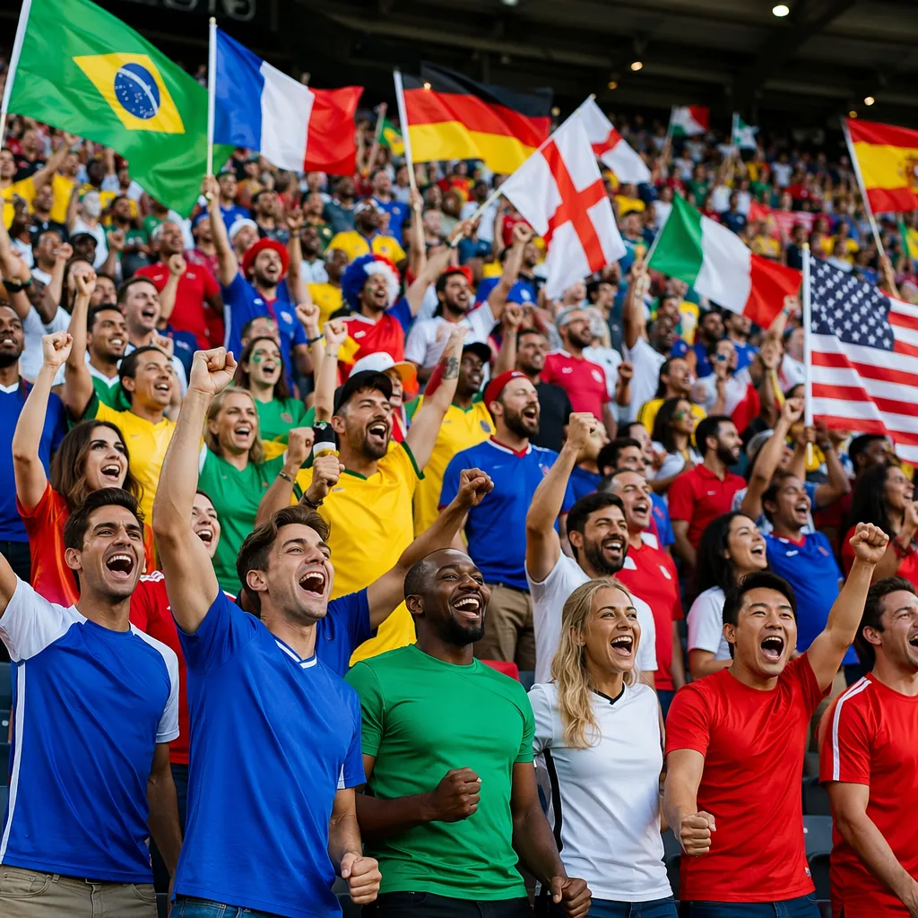 Wide shot of diverse football fans wearing generic solid-color national team jer