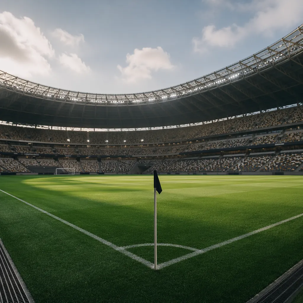 Wide angle shot of an empty world cup football pitch before a match, soft natura