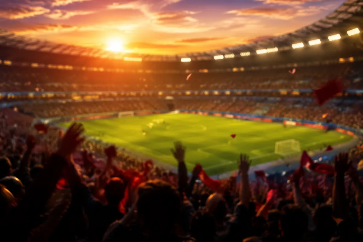 Professional sports news header image, blurred background of a football stadium at dusk, g