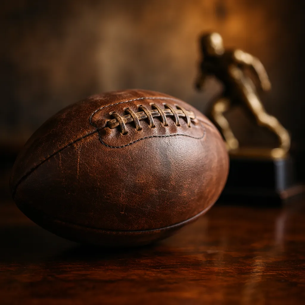 Close-up shot of a vintage football on a polished wooden table, soft warm lighti