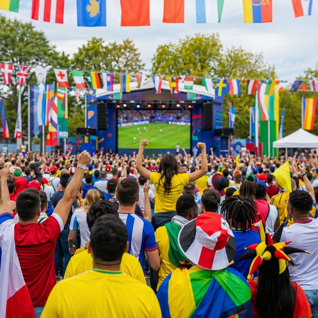 Wide shot of a World Cup themed fan gathering area, colorful national flags hang