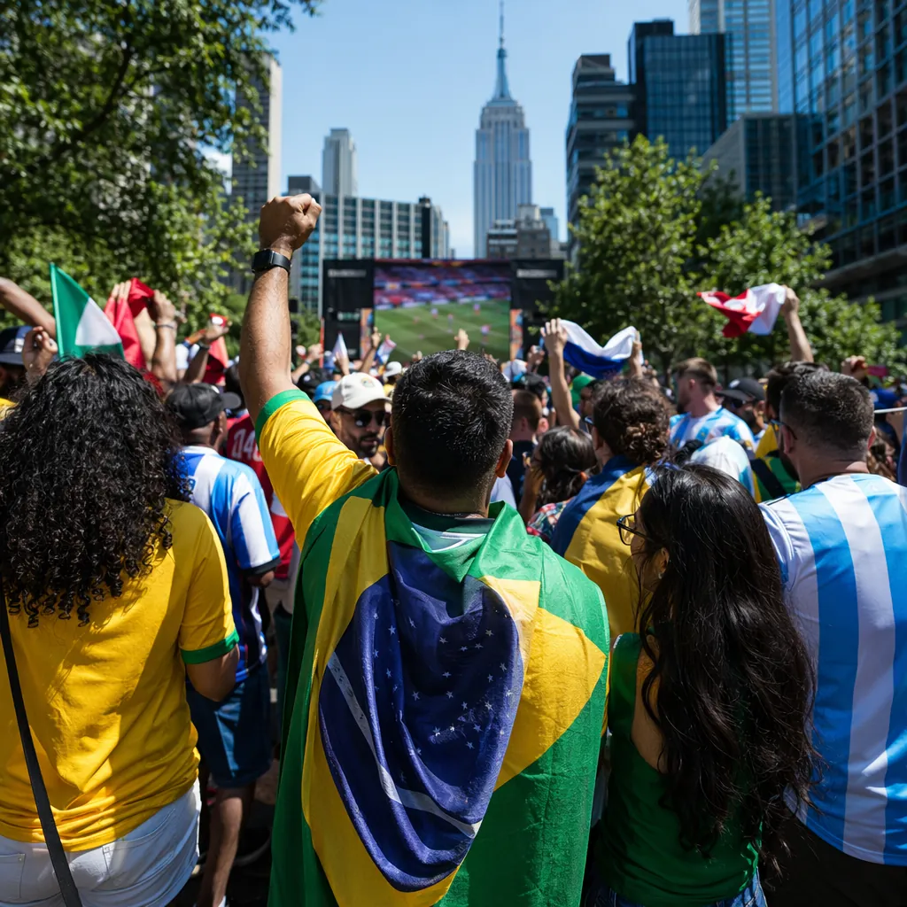 Outdoor fan zone in New York city before World Cup opening, crowds of football f