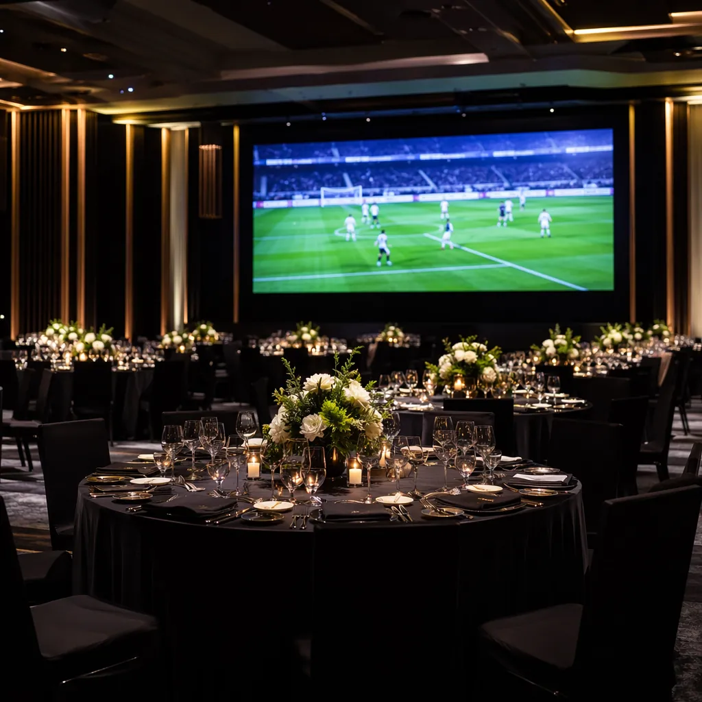 Interior of a luxury gala dinner venue for sports event, round tables with forma