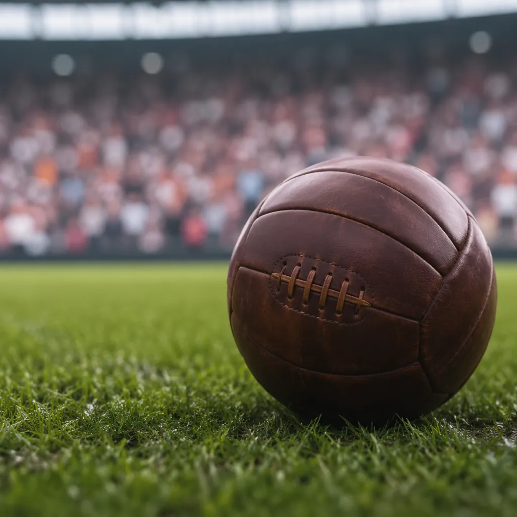 Close up shot of a traditional leather football rolling on a green world cup pit
