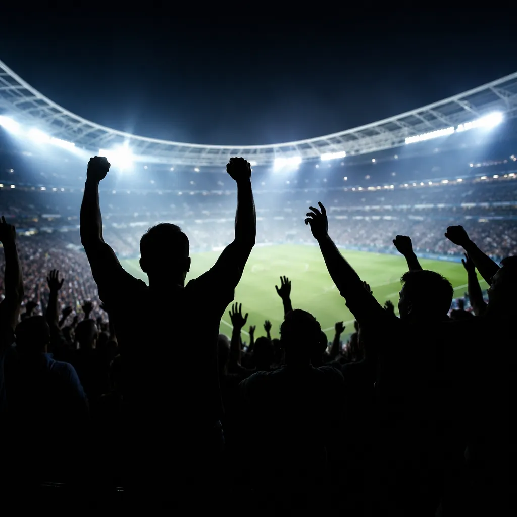 Silhouette of football fans celebrating in a stadium at night, bright floodlight