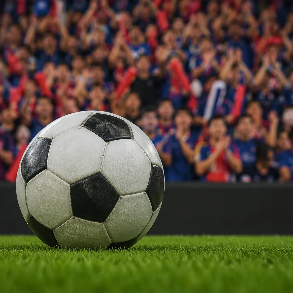 Close-up shot of a traditional football resting on green stadium grass, blurred