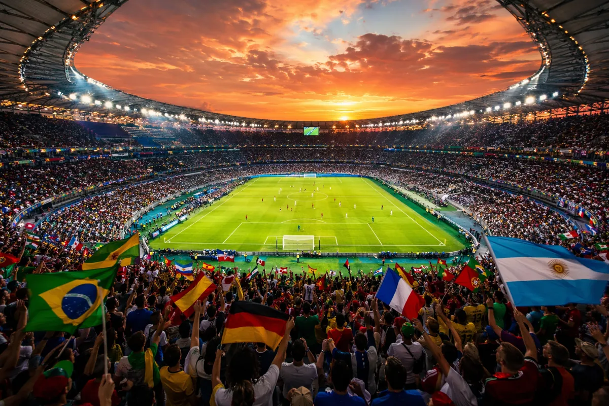 Wide shot of a packed modern football stadium during sunset, with cheering fans waving col
