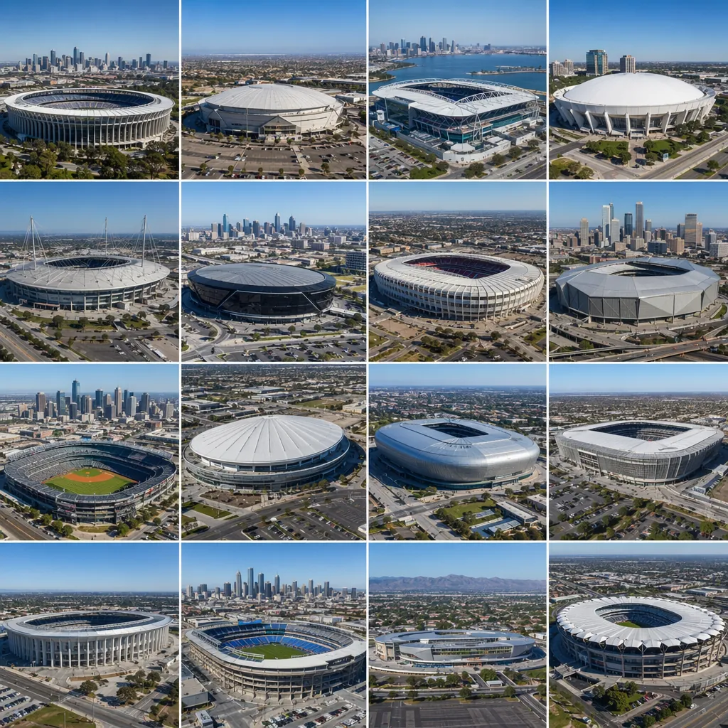 Aerial view of multiple football stadiums across North America, representing the