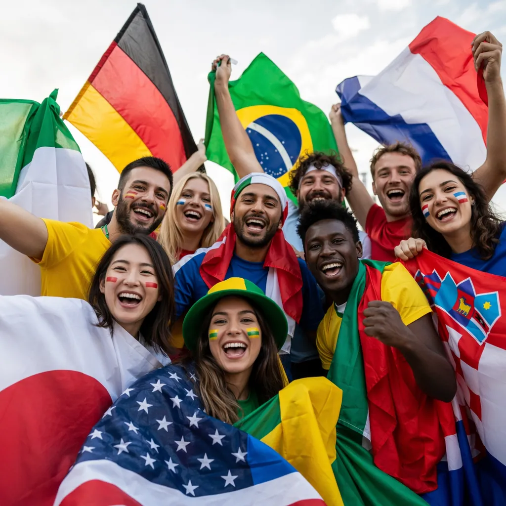 Group of diverse football fans from different countries gathering together, hold