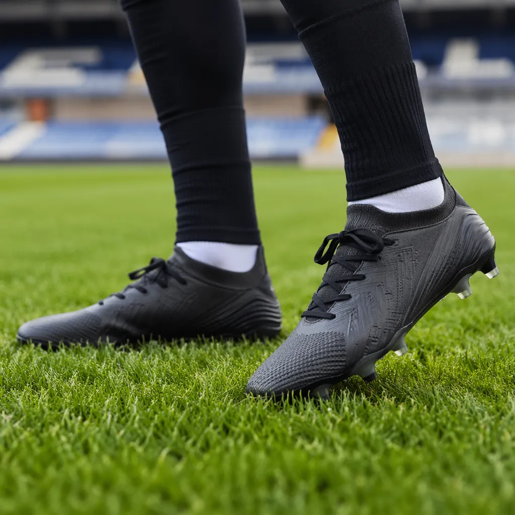 Close up shot of generic unbranded football boots on a green grass pitch, with f