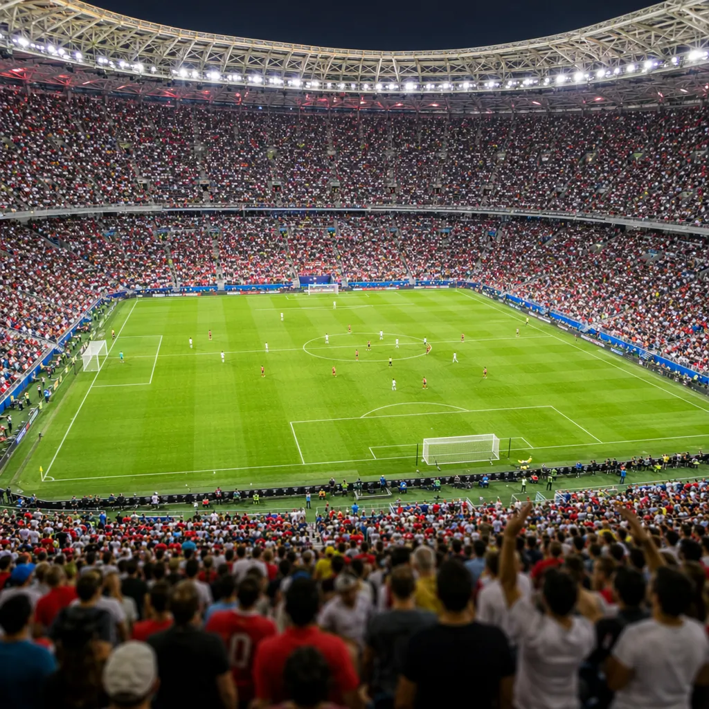 Wide shot of a packed world cup style football stadium during a match, blurred c