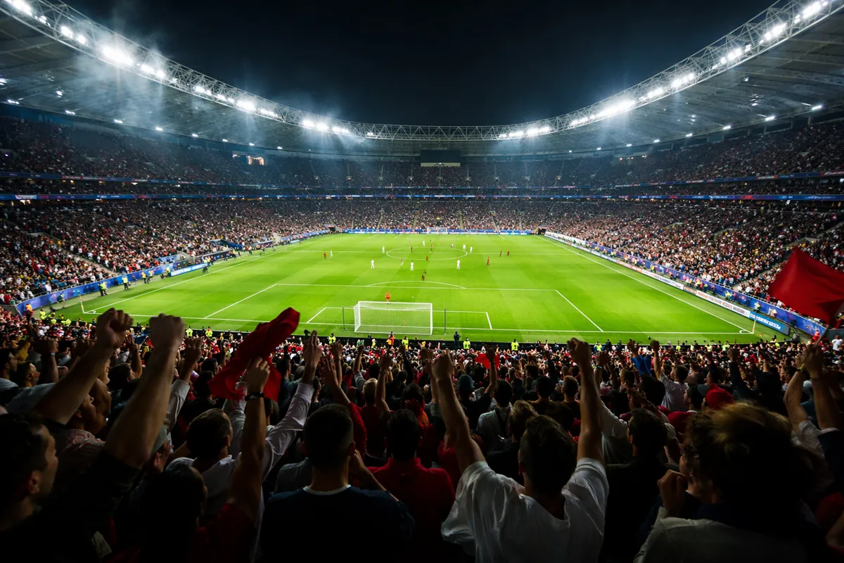 A wide shot of a generic international football stadium during a major tournament, green p