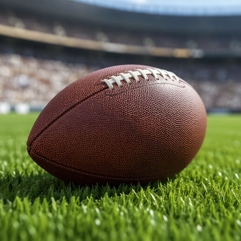 Close up of a standard football resting on a green grass pitch, blurred stadium