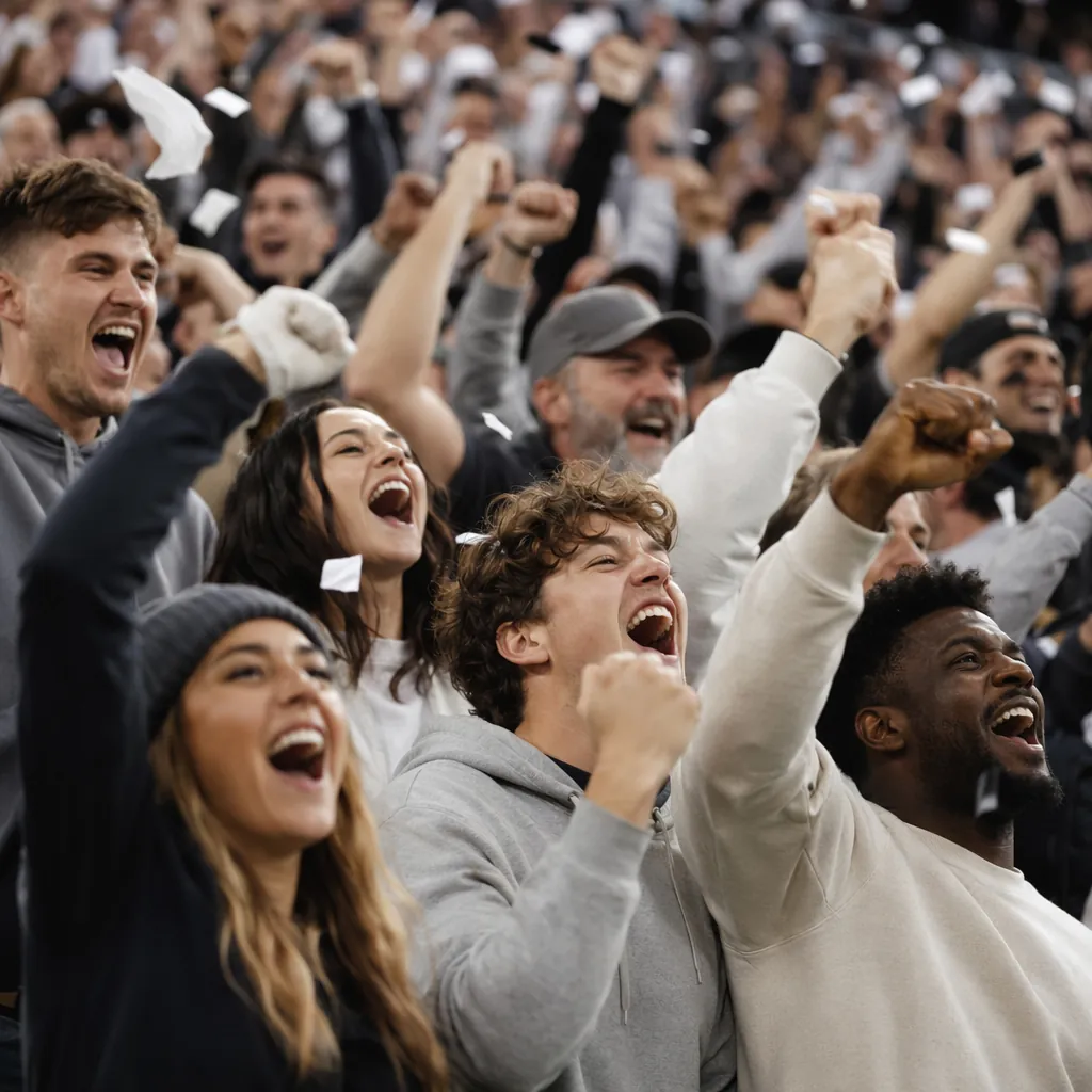 Group of diverse generic football fans celebrating, wearing neutral colored clot