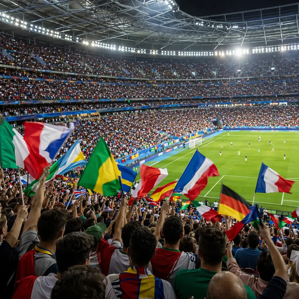 Interior view of a packed football stadium during match day, fans waving various