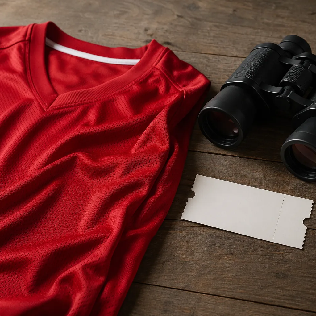 Close up of a plain red football jersey laid on a wooden table, next to a blank 