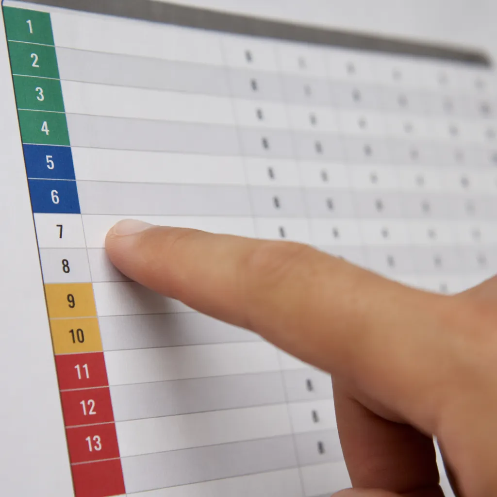 Close up of a generic printed soccer ranking table, hand pointing at the positio