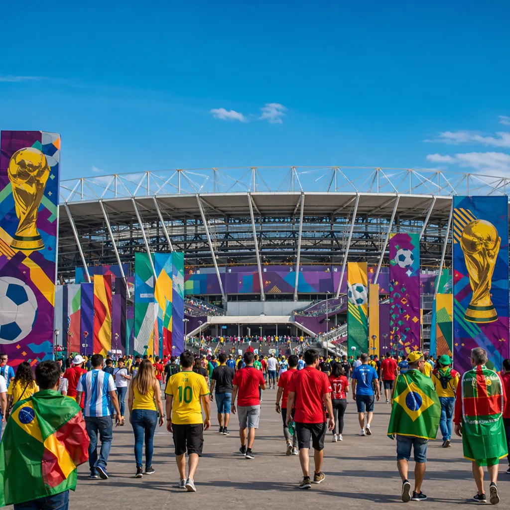 Wide shot of a modern football stadium entrance with colorful World Cup themed d