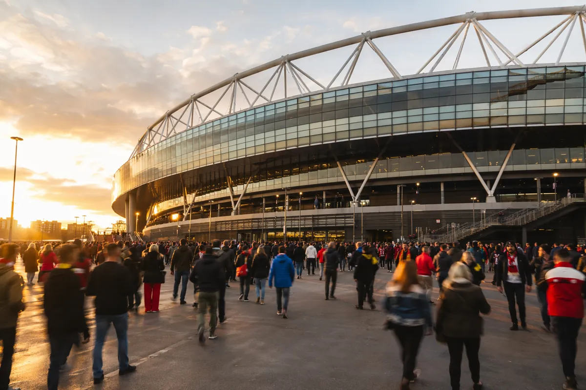 Wide shot of a modern football stadium exterior at golden hour, with blurred crowds of div