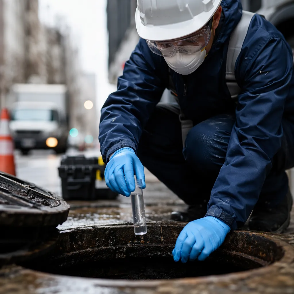Close up of a water quality technician wearing protective gear collecting a wate