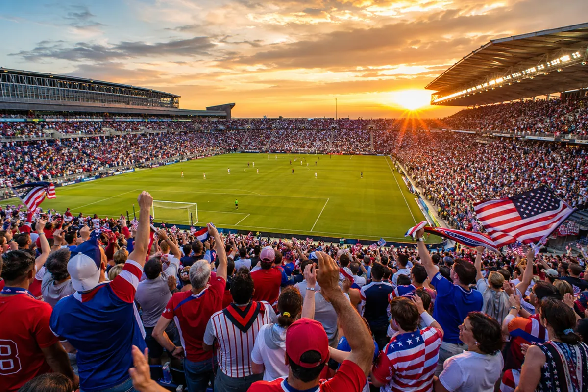 Wide shot of a packed American soccer stadium during sunset, fans wearing red white and bl