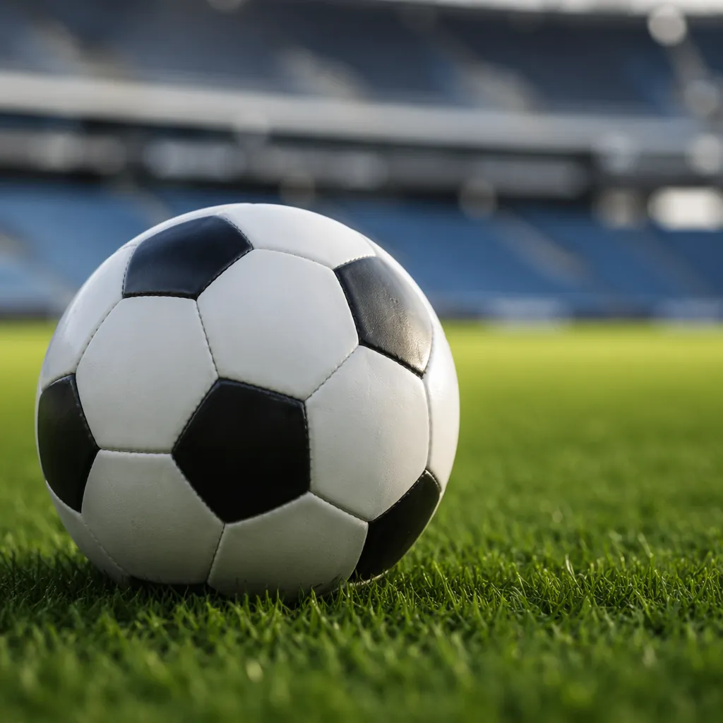 Close-up shot of a generic soccer ball resting on green grass pitch, soft focus 