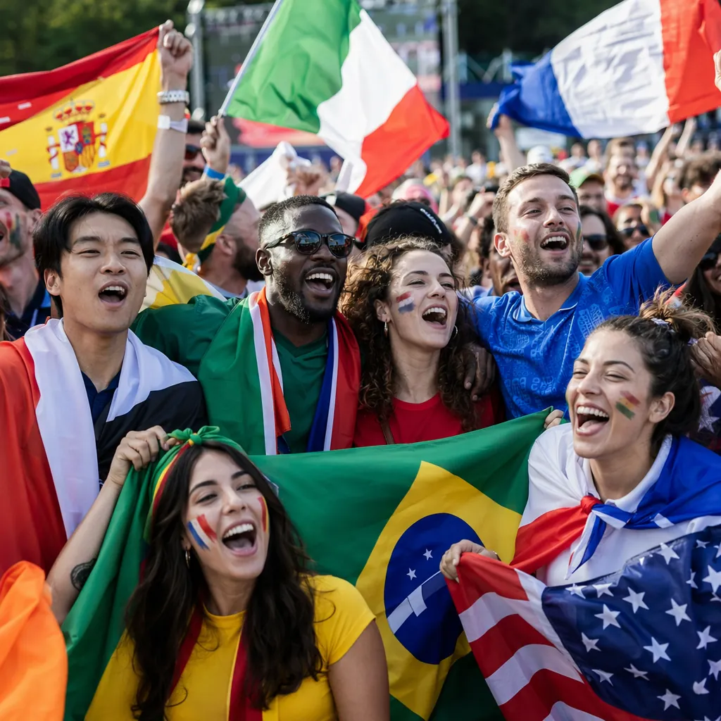 Group of diverse football fans singing and cheering together in a fan park, hold