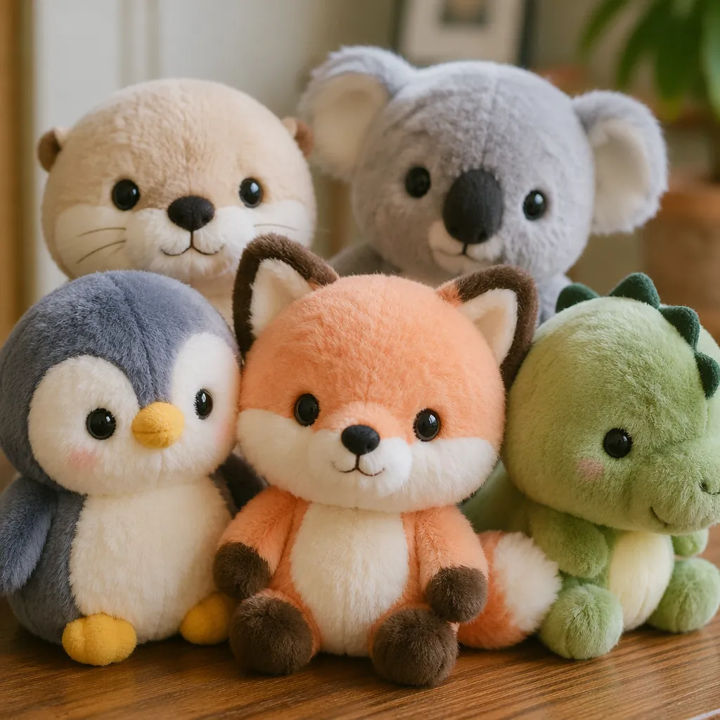 Close up shot of cute stylized animal mascot plush toys placed on a wooden table