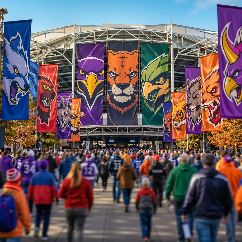 Wide shot of a football stadium entrance decorated with colorful mascot themed b
