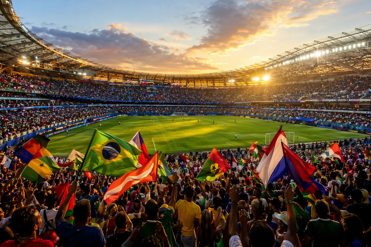 Wide shot of a vibrant World Cup stadium at dusk, colorful fan flags waving, golden sunlig