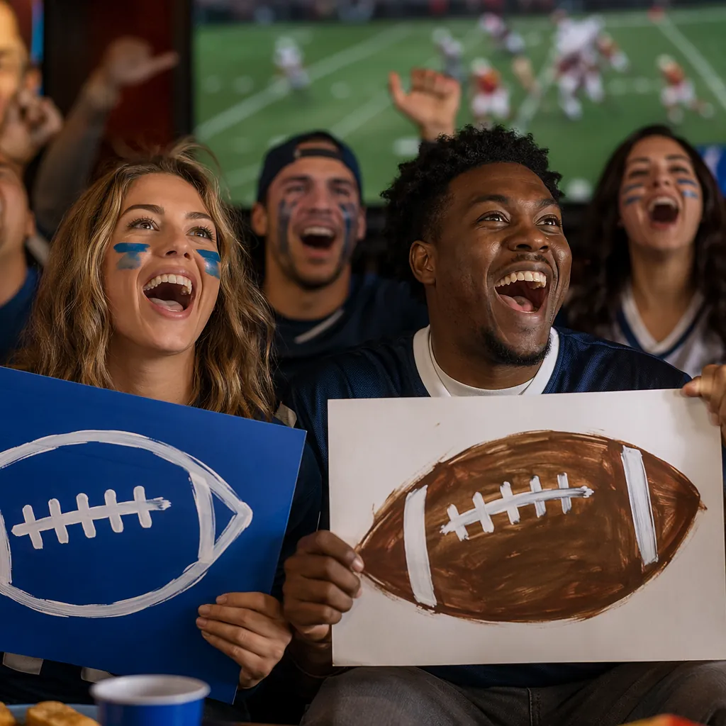 Close-up of football fans holding hand-painted support signs, wearing casual foo