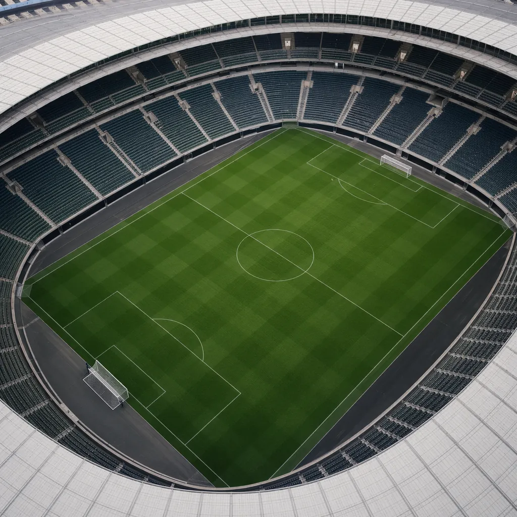 Aerial shot of a modern football stadium with lush green pitch, empty seats befo