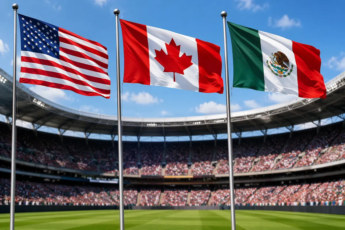 Wide shot of United States, Canada and Mexico national flags waving side by side above a m